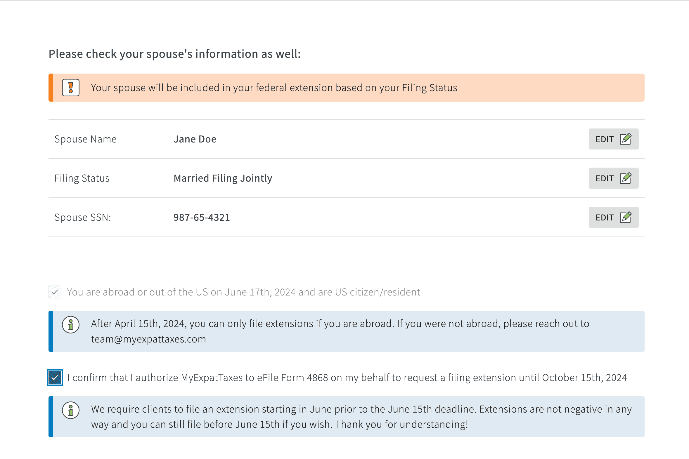 MyExpatTaxes Software: Your Spouse's Personal Information
