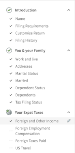 Filing categories using MyExpatTaxes, includes the IRS Form 2555 for the Foreign Earned Income Exclusion