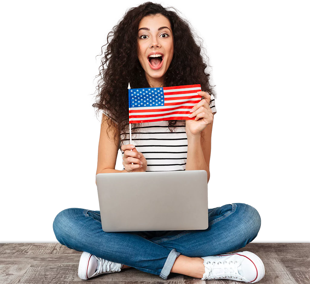 Woman with US flag and laptop promoting MyExpatTaxes